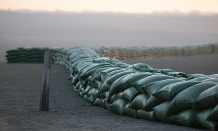 Long winding line of dark green, densely packed sandbags stretching into the distance on damp, packed earth. They form a protective barrier against water or erosion, set against a hazy, atmospheric background.の素材
