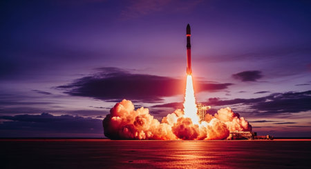 Powerful rocket taking off from a launch site at dusk, creating a dramatic scene with intense fiery propulsion and smoke, symbolizing innovation and future.の素材