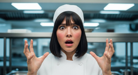 Young female chef with wide eyes and open mouth showing extreme shock and surprise in a professional kitchen setting. Her hands are raised in a gesture of disbelief.の素材