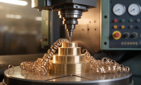 Precision cnc turning machine actively shaping a brass workpiece, creating spiral metal chips. Industrial setting with a cutting tool in motion, showcasing advanced manufacturing technology and engineering.の素材