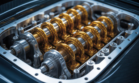 Detailed view of a modern car engine open cylinder head, revealing precision engineered golden camshafts, rocker arms, and metallic valves, symbolizing automotive technology and power.の素材