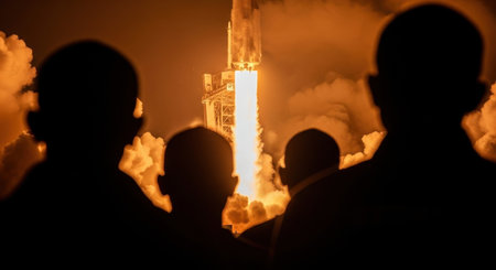 Powerful rocket launching at night, emitting bright orange flames and smoke. Silhouetted spectators watch the dramatic liftoff, creating a sense of awe and progress.の素材