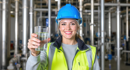 Young woman engineer wearing a blue hard hat and high visibility vest, smiling confidently while holding a glass of clean drinking water in a modern industrial plant setting.の素材