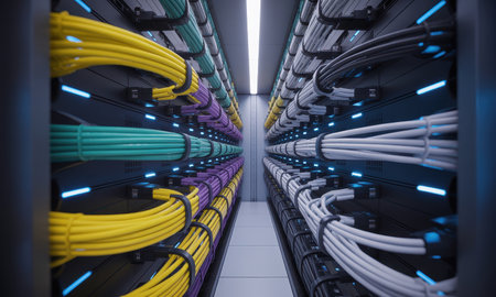 Colorful data cables neatly bundled and connected within a modern server rack in a data center. Blue lights illuminate the organized network infrastructure, representing high speed connectivity and digital information flow.の素材