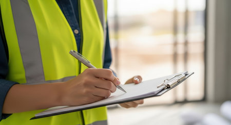 A close up shot of a woman in a high visibility vest writing notes on a clipboard with a pen, indicating inspection or planning at a construction site.の素材