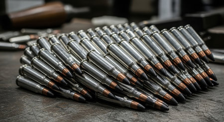 Polished silver bullet casings with dark lead tips meticulously stacked in diagonal patterns on a dark, textured surface, symbolizing power and conflict.の素材