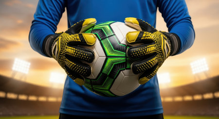 Close up shot of a soccer goalkeeper hands wearing black and yellow gloves, firmly holding a green and white football. Blurred stadium lights and stands are visible in the background, creating a dynamic sports scene.の素材