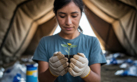 Young woman volunteer wearing work gloves carefully holds a small plant seedling with soil in her hands, symbolizing new life and hope within a humanitarian relief tent.の素材