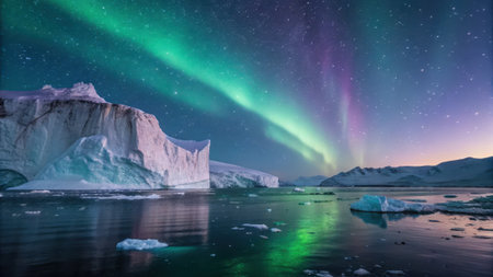 Vibrant aurora borealis streaks across a starry night sky above massive icebergs and floating ice in calm arctic waters, reflecting colorful light.の素材