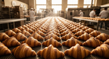 Rows of warm, golden brown croissants steaming on a cooling rack in a busy commercial bakery. Bakers work in the background, highlighting the industrial production of fresh pastries.の素材