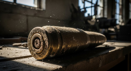 Heavily corroded oversized brass artillery shell covered in dust, resting on a rustic wooden table. Sunlight illuminates the grimy surface, highlighting decay and abandonment in an old industrial setting.の素材