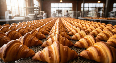 Freshly baked golden brown croissants arranged in perfect rows on a cooling rack inside a professional bakery. The warm pastries are ready for packaging, showcasing a large scale production process.の素材