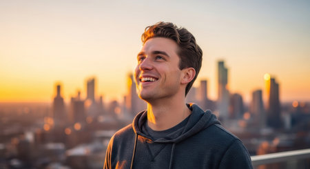 Cheerful young man with short wavy hair, wearing a dark gray hoodie, smiling and looking up. Urban city skyline at golden hour sunset in the background, conveying optimism, future, and success.の素材