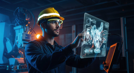 Male engineer wearing a safety helmet interacts with a transparent holographic screen showing a 3d robot model in a dark industrial facility.の素材