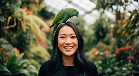 Cheerful young asian woman with a vibrant green parrot perched on her head, smiling broadly and looking directly at the camera in a lush botanical garden.の素材