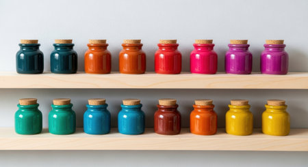 Sixteen small ceramic pots with cork stoppers arranged on two wooden shelves, each filled with a different vibrant, opaque pigment, showcasing a wide color palette.の素材