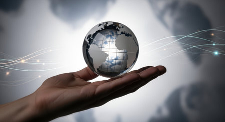 A human hand gently cradling a transparent glass globe, showcasing continents and oceans. Abstract light trails and blurry shapes in the background suggest global communication, technological advancements, and environmental responsibility.の素材