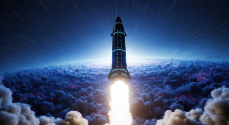 A powerful futuristic rocket launching into the dark night sky, leaving a trail of bright fire and smoke. The scene depicts advanced technology and space exploration.の素材