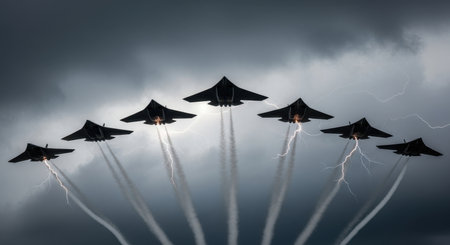Seven dark stealth bombers soar in a precise v formation through a dramatic, turbulent storm sky. Lightning bolts illuminate the powerful military aircraft, leaving white exhaust trails. Represents strength, defense, and advanced technology.の素材