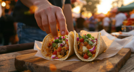 Close up of a man hand reaching for one of two delicious street tacos, generously filled with seasoned meat, fresh vegetables, and cilantro, served on a wooden board at an outdoor market during golden hour.の素材
