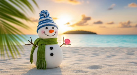 A cheerful snowman figure stands on a white sandy tropical beach at sunset. It wears a blue and white striped beanie and a green scarf, holding a pink seashell. The turquoise ocean and a warm sky are visible in the background, symbolizing a unique holiday.の素材