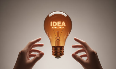 Two hands reaching towards a glowing lightbulb with the word idea illuminated inside. This image represents concepts of innovation, creativity, and finding solutions.の素材
