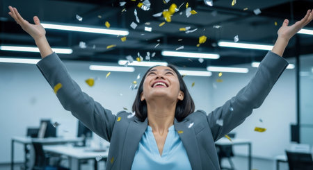 Ecstatic young businesswoman celebrating success with arms raised and confetti falling in a modern office. Represents achievement, triumph, happiness, and corporate victory.の素材