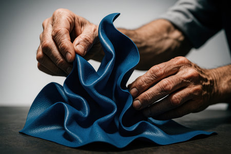 Weathered hands delicately shape a vibrant blue synthetic leather, creating intricate folds and a dynamic texture. Emphasizes craftsmanship, material quality, and design process.の素材