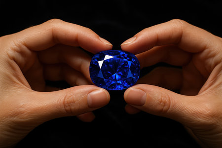 Two hands carefully holding a large, oval, faceted blue sapphire gemstone, showcasing its brilliant cut and deep color against a dark background.の素材