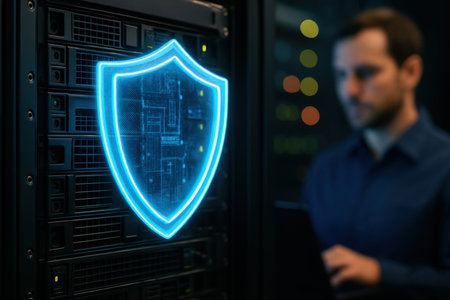 Blue glowing holographic shield protecting a modern server rack, symbolizing robust data security, network protection, and advanced cybersecurity in a data center.の素材