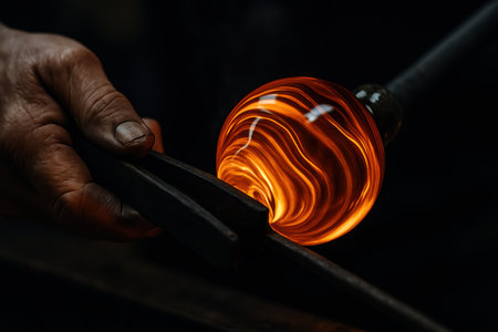 Artisan hand meticulously shaping a vibrant, glowing molten glass orb with specialized tools against a dark background, highlighting the intricate craftsmanship.の素材