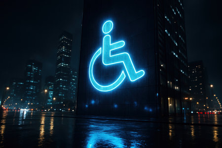 Bright neon blue wheelchair accessibility symbol glowing on the side of a modern skyscraper in a dark, futuristic city at night. Wet ground reflects the vibrant blue light, emphasizing urban accessibility and inclusion.の素材