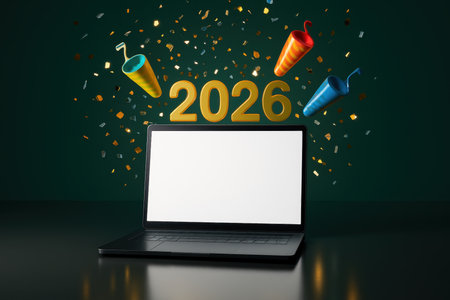 Modern black laptop with a blank white screen mockup, golden 2026 numbers, vibrant party poppers, and glittering confetti on a dark green surface. Represents digital celebration and future planning.の素材