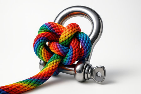 Vibrant rainbow colored rope intricately tied into a complex knot, securely fastened to a gleaming chrome shackle. Symbolizes strength, connection, and diversity.の素材