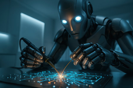 Advanced humanoid robot with glowing optical sensors meticulously soldering micro wires onto a futuristic circuit board, showcasing precision and automation in electronics development.の素材