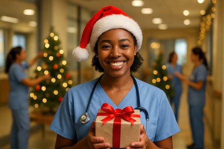 Smiling african american nurse wearing a santa hat and scrubs, holding a wrapped christmas gift in a decorated hospital hallway. Other healthcare workers and festive trees are in the background, symbolizing holiday spirit and appreciation.の素材