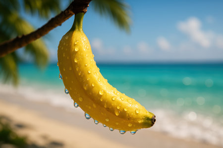 Vibrant yellow banana with glistening water droplets hanging from a tree branch against a backdrop of a clear blue sky and turquoise tropical ocean.の素材