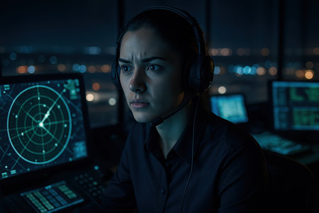 Young female air traffic controller with an intense expression, wearing headphones, intently monitoring a glowing radar screen in a dark control room at night, ensuring aviation safety.の素材