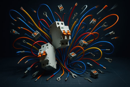 Vibrant electrical wires, circuit breakers, and an assortment of connectors creating a dynamic composition, representing power, technology, and innovation.の素材