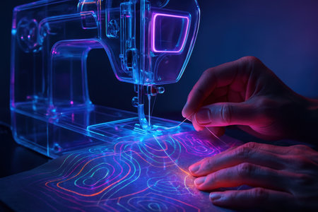 Hands sewing with glowing thread on a transparent, futuristic sewing machine, creating innovative textile with vibrant neon patterns. High tech fashion and digital craft concept.の素材