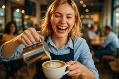 Young woman barista laughing while pouring milk from a metal pitcher to create latte art in a white cup. Focus on professional service and happiness in a coffee shop setting.の素材