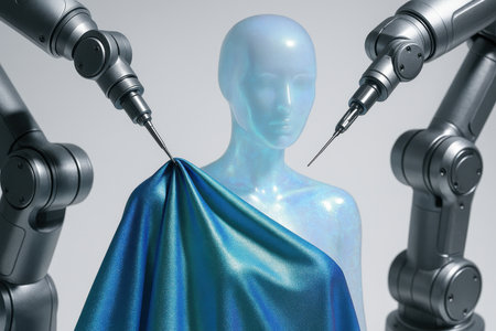 Robotic arms precisely draping iridescent blue and green fabric onto a light blue, translucent humanoid figure, representing advanced technology and automated creation in design and fashion.の素材