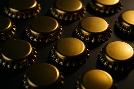 Shiny gold bottle caps arranged on a dark surface, showcasing metallic texture and reflections. Ideal for beverage industry, packaging, or abstract concepts.の素材