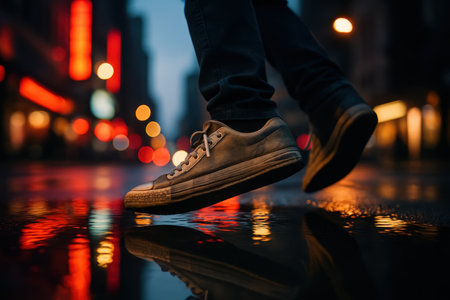 Worn sneakers stepping on a wet city street at night. Bright, blurred city lights reflect on the dark, shimmering surface, capturing urban movement and atmosphere.の素材