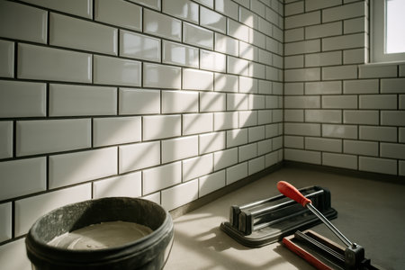 Glossy white ceramic subway tiles on a modern bathroom wall, illuminated by natural light, with a tile cutter and a bucket of grout on the floor, indicating home renovation.の素材