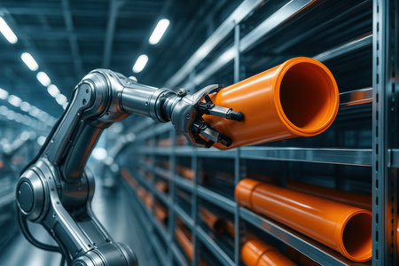 Automated robotic arm precisely placing a large, bright orange industrial pipe onto a high shelf in a modern factory, showcasing advanced manufacturing and logistics.の素材