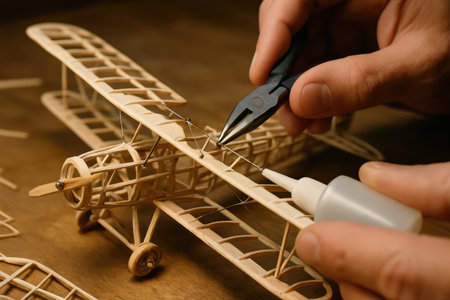 Man hands meticulously assembling a detailed wooden model biplane airplane on a workbench, using pliers to adjust wires and applying glue. Focus on craftsmanship and hobby.の素材
