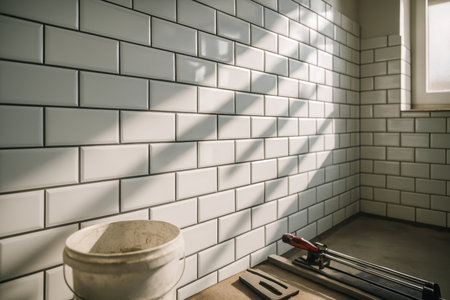 White ceramic subway tiles freshly installed on a bathroom wall, illuminated by natural sunlight casting shadows. Tiling tools and materials are on the floor, indicating ongoing renovation or construction.の素材