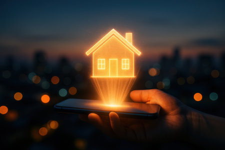 Glowing house hologram projected from a smartphone held by a hand, symbolizing smart home technology, digital real estate, and future living solutions.の素材