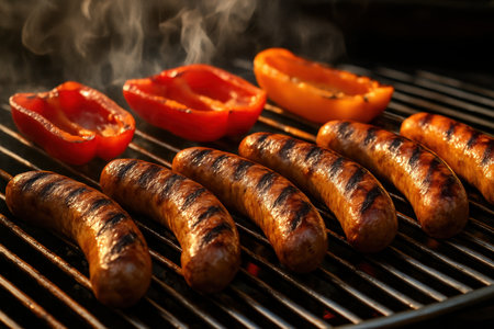 Juicy bratwurst sausages and colorful red and orange bell peppers cooking on a hot barbecue grill with rising smoke, perfect for summer outdoor cooking and picnic concepts.の素材